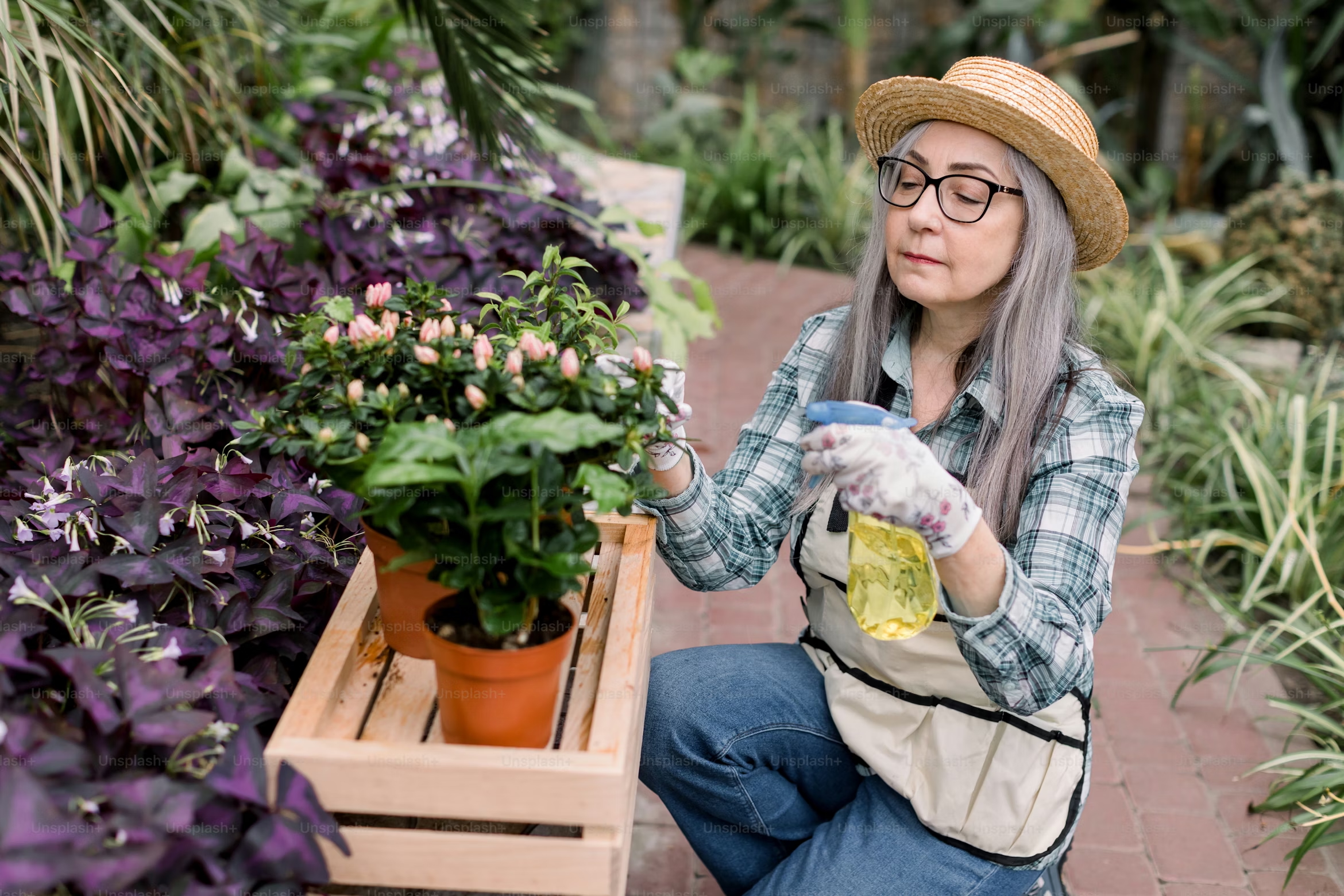 Woman watering plants in a small urban garden